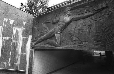 A Soviet-era relief above a subway outside the coal mining headquarters in Donetsk, the centre of Ukraine's coal ming industry in the Donbass.