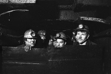 Miners descend for their shift at the Gorky Mine in the middle of Donetsk, the industrial city which lies at the centre of Ukraine's mining industry.