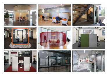 A montage of contemporary office design in the finance sector.