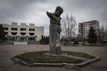 A war damaged statue of the poet Taras Shevchenko in the town's central square. According to the acting mayor, as many as 200 people are missing, presumed dead, still lying under the rubble left after...
