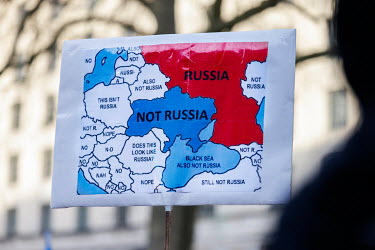 A map showing eastern Europe and the Caucasus as 'Not Russia', during a solidarity protest in Whitehall against the Russian invasion of Ukraine. The protest brought together Ukrainians, Russians, Uygh...