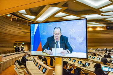 Russian Foreign Minister Sergei Lavrov addressing the Conference on Disarmament at the UN through a video speech. He had been due to address the conference live, but cancelled due to sanctions. The sp...