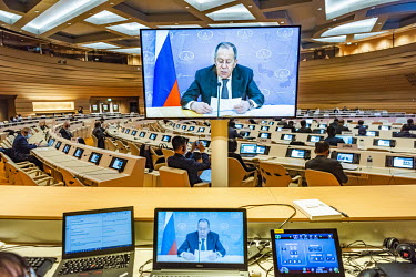 Russian Foreign Minister Sergei Lavrov addressing the Conference on Disarmament at the UN through a video speech. He had been due to address the conference live, but cancelled due to sanctions. The sp...