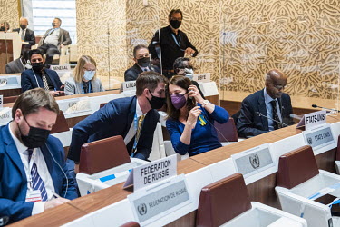 U.S. Ambassador Sheba Crocker, in consultation with a staffer during the emergency debate on Ukraine at the UN Human Rights Council, the week following the Russian invasion of Ukraine. Due to the Fren...