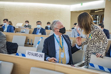 British and American Ambassadors in discussion on the morning of the vote at the emergency debate on Ukraine at the UN Human Rights Council, the week following the invasion by Russia.