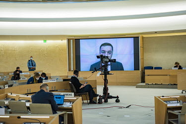An NGO's representative speaking virtually at the Emergency debate on Ukraine at the UN Human Rights Council, the week following the invasion by Russia.