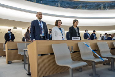 Ambassador Yevheniia Filipenko of Ukraine leading a minute's silence for civilian victims of the Russian invasion during the emergency debate on Ukraine at the UN Human Rights Council, the week follow...