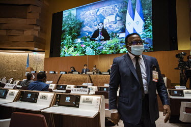 A diplomat from Cameroon leaving the UN Human Rights Council as its High Level Segment continues with an address via video by the Attorney General of Nicaragua. The session is taking place in the shad...