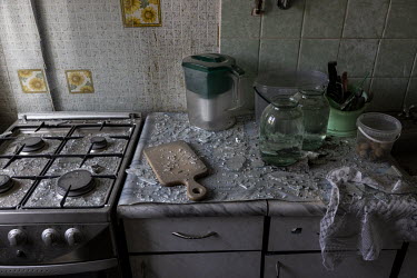 The destroyed interior of Halyna Pepelova's apartment after a Russian multiple rocket attack in the Nyvky district of western Kyiv early that morning.