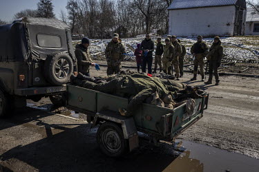 A trailer containing the remains of 10 Russian soldiers collected from various points around the recently liberated village of Nova Basan. The soldiers had been killed when the area was retaken by Ukr...
