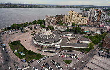 A bird's eye view of the 'Brutalist' Dnipro Circus building, a concrete-built theatre from the Soviet-era which was opened in 1980 but is currently closed due to the war.