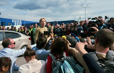 Iryna Andriivna Vereshchuk, a Deputy Prime Minister of Ukraine and Minister of Reintegration of Temporarily Occupied Territories, speaks to the journalists in the Epicentr supermarket car park, where...