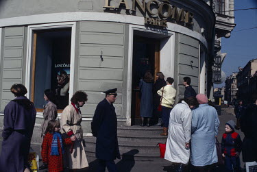 Shoppers outside a newly opened branch of luxury perfumier Lancome. Mikhail Gorbachev's Glasnost and Perestroika policies allowed western brands such as Lancome and others to begin doing business in S...