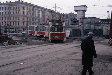 A tram travels through the city centre.