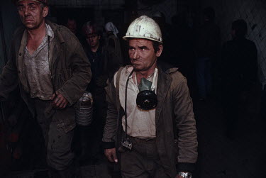 Coal miners at the Chaikina coal mine. Ukrainian coal miners went on strike seeking political change at the Kremlin and contributing to the dissolution of the Soviet Union. Although on strike, some co...