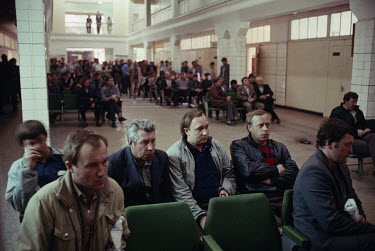 Striking coal miners take part in a meeting. Ukrainian coal miners went on strike for political change at the Kremlin, contributing to the dissolution of the Soviet Union.