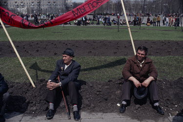 Striking coal miners at a rally in front of the communist party headquarters. Despite Mikhail Gorbachev's Perestroika and Glasnost reforms, Ukrainian coal miners went on strike for political change at...