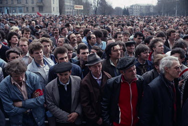 Striking coal miners at a rally in front of the communist party headquarters. Despite Mikhail Gorbachev's Perestroika and Glasnost reforms, Ukrainian coal miners went on strike for political change at...