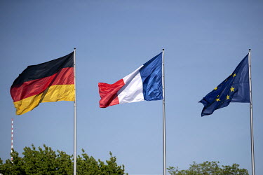 Flags of Germany, France and the European Union during a visit by Emmanuel Macron, the President of France, at the Chancellery Office.