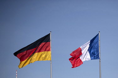Flags of Germany, France during a visit by Emmanuel Macron, the President of France, at the Chancellery Office.