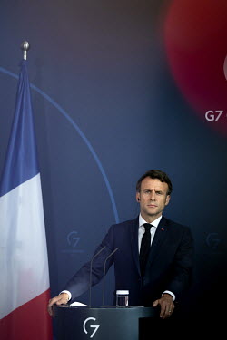 Emmanuel Macron, President of France at a press conference at the Chancellery Office with Olaf Scholz, Chancellor of Germany (not pictured).