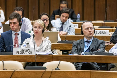 Russian diplomats including Boris Bondarev (right with glasses), Russia's counsellor to the United Nations in Geneva, photographed at open-ended Working Group on Reducing Space Threats on 11th May 202...