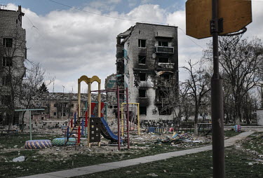 A children's playground outside a destroyed apartment block. Large areas of Bodoryanka were destroyed during intense and sustained bombardments.