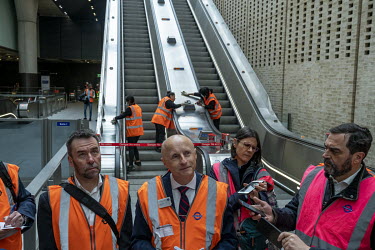Andy Byford (centre), Commissioner for Transport for London and Mark Wild (left) CEO of Crossrail speak to the press in the ticket hall of the Elizabeth Line at Paddington Station.
