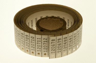 Master roll of sequentially numbered paper tags in the Fishes Division, Field Museum of Natural History, Chicago. As new specimens are entered into the collection, they are tagged with a unique number...