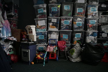 Children's toys and boxes of clothes stacked up in Family Bank which is run by volunteer Jordan McCrimmon in a community centre which also houses the Brandlesholme foodbank.  Local elections are due i...