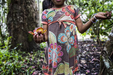 A girl collecting flowers which to the Kichwa people of Sarayaku are the symbol of their resistance to the threat to the rain forest.