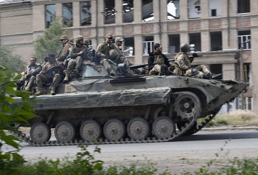 Ukrainian Soldiers on armoured transport move along the Donbas Front near the town of Bakhmut toward Sievierodonetsk.