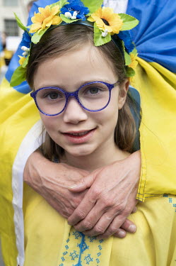 Anna (9), with her mother, on day 66 of Russia's war in Ukraine attending a regular vigil in Whitehall, opposite Downing Street, where Ukrainians protest against Russia's invasion of their homeland.