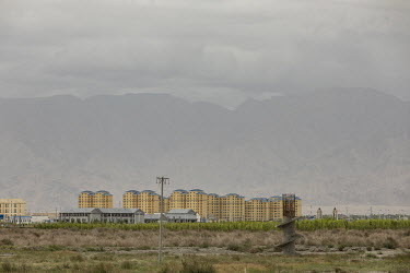 New apartment buildings on the edge of the city in the Gobi desert.