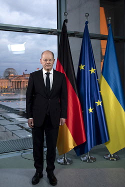 Olaf Scholz, German Chancellor (SPD), poses for media after the recording of a television speech addressing the nation on the security situation concerning the Ukrainian crisis.