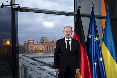 Olaf Scholz, German Chancellor (SPD), poses for media after the recording of a television speech addressing the nation on the security situation concerning the Ukrainian crisis.