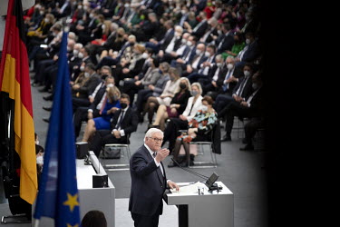 German President, Frank-Walter Steinmeier, gives a speech after his re-election to the Federal Assembly for the election of the Federal President in Paul-Loebe House. Due to the coronavirus pandemic,...