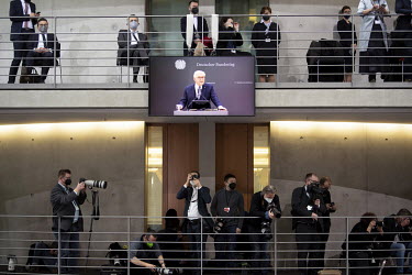 Press photographers on the balcony taking shots as German President, Frank-Walter Steinmeier, gives a speech after his re-election to the Federal Assembly for the election of the Federal President in...