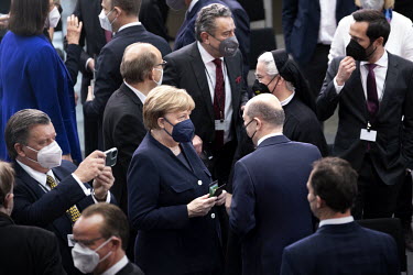 Former Chancellor Angela Merkel and Chancellor Olaf Scholz during the Federal Assembly for the election of the Federal President held in Paul-Loebe House. Due to the coronavirus pandemic, the meeting...