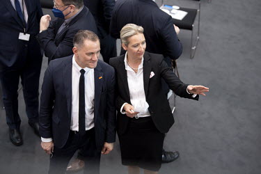 Tino Chrupalla, leader of the Alternative fuer Deutschland, Alternative for Germany (AfD), and Alice Weidel, leader of the parliamentary faction of the AfD, during the Federal Assembly for the electio...