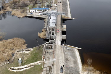 The Irpin dam which pumps water from the low-lying river Irpin into the Kyiv reservoir is seen in its current destroyed state. The cause of the current flooding is not clear with speculation that it w...