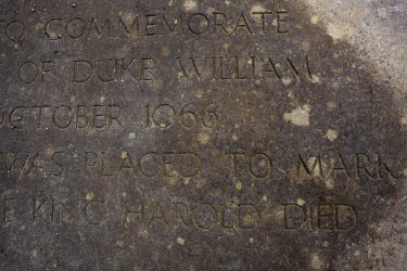 Part of the commemorative stone that marks the famous battle that saw Duke William of Normandy defeat Anglo-Saxon King Harold Godwinson, who died during the Battle of Hastings (14 October 1066).