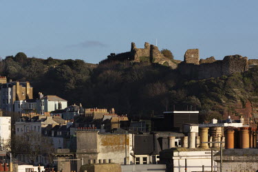 Hastings Castle, viewed across the rooftops of the town.