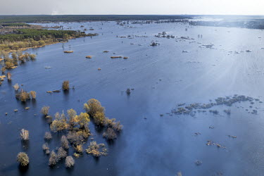 A view of the flooded Irpin River basin, near Kozarovychi. This area was largely swamp and marshland until dams were built from the 1950s onwards. The cause of the current flooding is not clear with s...