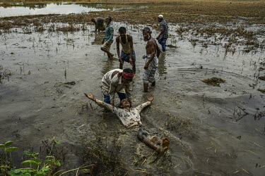 Fellow residents from Dekerua village help Hifjur Rehman (40), a third generation farmer, after he collapsed in despair while working to clear a rice paddy of its damaged crop which was destroyed by f...