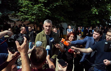 Vitali Klitschko, the mayor of Kyiv, talking to journalists during the funeral of Roman Ratushny (24) at St Michael's Monastery. The Ukrainian serviceman and activist was killed fighting against Russi...