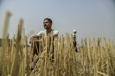 Ranjit Singh with his nephew in a harvested field on his farm.
