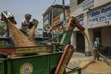 Labourers pour wheat grain, from the cart which a farmer has brought to a merchant's premises, into a winnowing machine.
