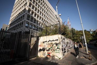 Graffiti on the walls of the Bank of Lebanon building, the epicentre of the Lebanese financial collapse which has seen people's income and savings fall by 90 percent.  Following political collapse and...