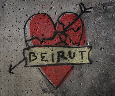 Graffiti on a wall at the epicentre of the 2020 Beirut ammonium nitrate blast.  Following political collapse and the pandemic, the Lebanese economy plunged, wiping out 90% of people's savings and resu...